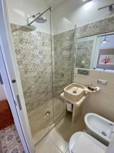 a bathroom with a shower and a sink and a toilet at Casetta al mare in Isola Rossa