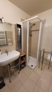 a bathroom with a shower and a sink and a shower at La terrazza sulle piste - Val di Luce in Abetone