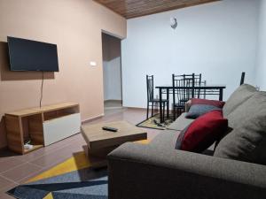 La Cité des Anges في Nkongsamba: غرفة معيشة مع أريكة وتلفزيون بشاشة مسطحة
