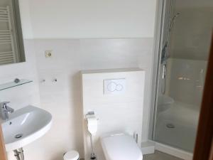 a bathroom with a toilet and a sink and a shower at Anton, FW 9 in Zingst