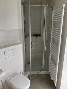 a bathroom with a toilet and a glass shower at Anton, FW 9 in Zingst