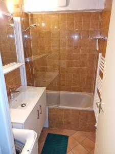 uma casa de banho com um chuveiro, um lavatório e uma banheira em Les Grenadines em Les Deux Alpes