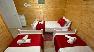 a room with three beds in a wooden cabin at Bujtina Miqesia in Theth
