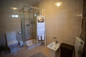 a bathroom with a shower and a toilet and a sink at Casa do Charco Peneda Gerês in Parada
