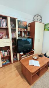 a living room with a coffee table and a tv at In the Green in Lopatinec