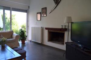 a living room with a television and a fireplace at sissy's relaxing villa in Artemida