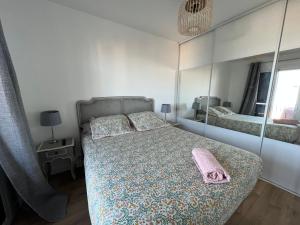 - une chambre avec un lit et un miroir dans l'établissement Bel appart rénové avec vue mer, à Bastia
