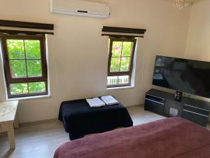 a room with two beds and a flat screen tv at Old town castle house-detached house in Marmaris