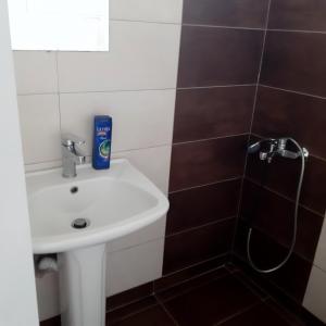 a bathroom with a sink and a shower at Odysseas in Stavros