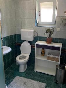 a bathroom with a toilet and a sink and a mirror at Bellas apartmani in Novi Sad