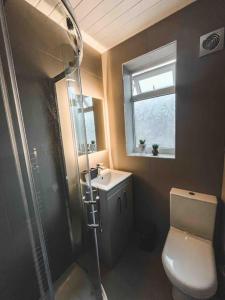 a bathroom with a shower and a toilet and a sink at Comfortable Home In Bolton in Farnworth