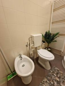 a bathroom with a white toilet and a sink at Apartament Central Traian Moșoiu , Parcare proprie in Cluj-Napoca