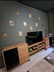 a living room with a flat screen tv on a wall at Apartament Central Traian Moșoiu , Parcare proprie in Cluj-Napoca