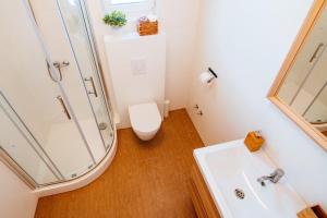 ein Badezimmer mit Toilette, Dusche und Waschbecken in der Unterkunft Rock Apartments II in Novalja