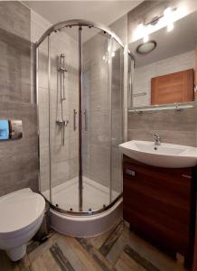 a bathroom with a shower and a toilet and a sink at Willa Patryk in Jastrzębia Góra