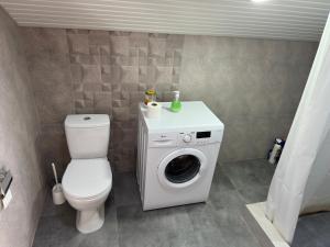 a bathroom with a toilet and a washing machine at Chkalovka guest house with Sevan view in Sevan