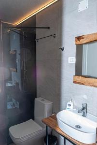 a bathroom with a sink and a toilet and a mirror at N'konak Guesthouse in Pukë