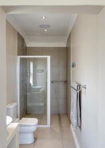 a bathroom with a toilet and a shower and a sink at Seafront Retreat in Sandbaai in Hermanus