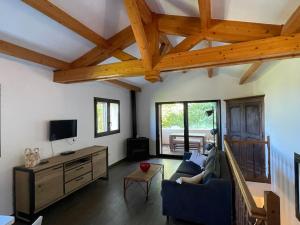 a living room with a blue couch and a tv at CAP CORSE - SISCO - MAISON DE CHARME 6 PERSONNES in Sisco