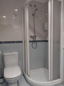 y baño blanco con ducha y aseo. en Ribadeo Centro, en Ribadeo