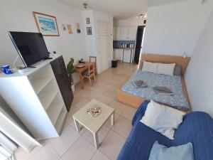 a living room with a blue couch and a tv at Comfortable Lucy apartment with amazing sea-view in Puerto del Carmen