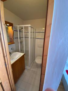 een badkamer met een douche, een wastafel en een toilet bij Tignes-8-10 personnes-4 chambres-parking in Tignes