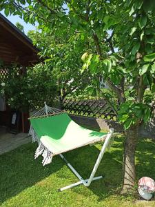a green and white umbrella sitting next to a tree at Family apartments "Hamster" up to 7 persons in Zgornja Polskava +6 photos