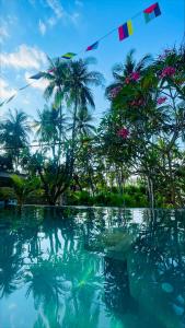 a pool of water with palm trees in the background at Lala Salama Backpacker in Teluk Nara