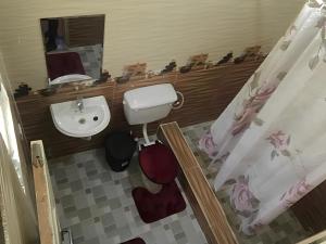 a bathroom with a sink and a toilet and a mirror at Lord's Hands Guesthouse Hotel in Winneba