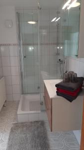 bagno con doccia, vasca e lavandino di Ferienwohnung Funk a Langenargen