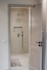La salle de bains est pourvue d'une douche et d'une porte ouverte. dans l'établissement Vaksali Apartment!, à Viljandi