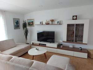 sala de estar con sofá y TV de pantalla plana en Apartman MB, en Podstrana