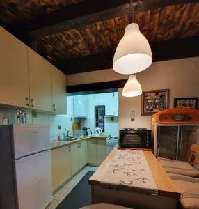 a kitchen with a table and a white refrigerator at Holiday House River Mrežnica in Duga Resa