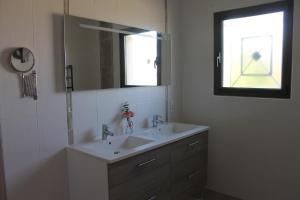 ein Bad mit einem Waschbecken, einem Spiegel und einem Fenster in der Unterkunft La Naillousaine in Nailloux