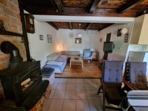 a living room with a couch and a fireplace at Holiday House River Mrežnica in Duga Resa