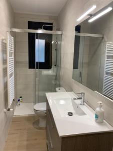 a bathroom with a sink and a toilet and a mirror at CAL JAN - La Muralla in Bellver de Cerdanya 