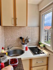 una cucina con lavandino e finestra di Mint Apartment a Tivat