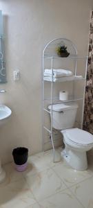 a white bathroom with a toilet and a sink at Eliwes Villa in Treasure Beach