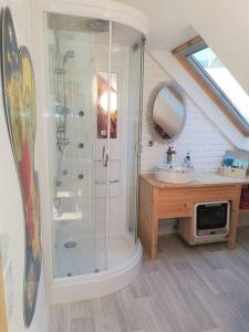 uma casa de banho com um chuveiro e um lavatório. em Retro Apartment Graz em Graz