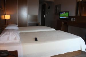 Televízia a/alebo spoločenská miestnosť v ubytovaní Hotel Cariatis