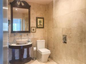 a bathroom with a sink and a toilet and a mirror at An Tabhall in Glencripesdale