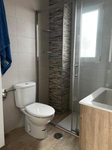uma casa de banho com um WC, um chuveiro e um lavatório. em Apartamento Arenas em Nerja