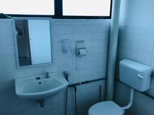 ein Badezimmer mit einem Waschbecken, einem WC und einem Spiegel in der Unterkunft 365 House by D'Laksamana in Malakka