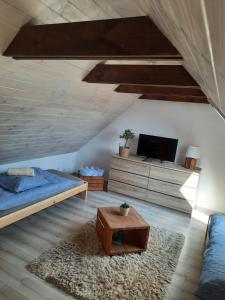 um quarto com uma cama, uma televisão e uma mesa em Wierzbowy zakątek Kąty Rybackie em Kąty Rybackie