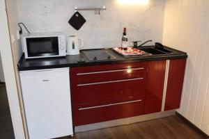 a small kitchen with a stove and a microwave at Small Cozy Apartment in Gloppen in Vereide