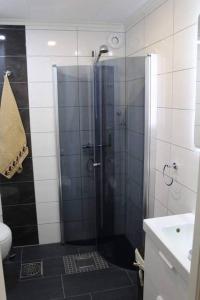 a bathroom with a shower with a glass door at Small Cozy Apartment in Gloppen in Vereide