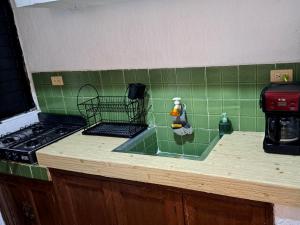 cocina con encimera de azulejos verdes y fregadero en Apartamento Bizantino en Cozumel
