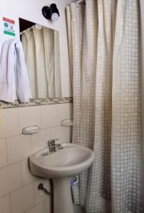a bathroom with a sink and a shower curtain at Cuatro Cerros Hostel in San Carlos de Bariloche