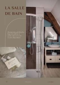 einen Katalog eines Badezimmers mit einer Dusche und einem Waschbecken in der Unterkunft Chambre 7 chambre privée et bureau in Charolles