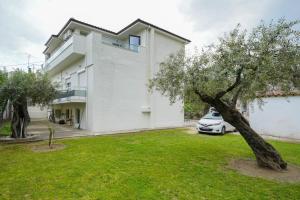 a white house with a car parked in a yard at Dagos Luxury Apartments in Limenas
